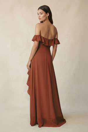 Ruffled Off-the-Shoulder A-Line Chiffon Bridesmaid Dress in Terracotta (2) | KISSBRIDAL