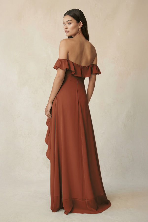 Ruffled Off-the-Shoulder A-Line Chiffon Bridesmaid Dress in Terracotta (2) | KISSBRIDAL