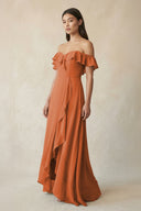 Ruffled Off-the-Shoulder A-Line Chiffon Bridesmaid Dress in Terracotta - SHE IS ME BRIDESMAID DRESSES