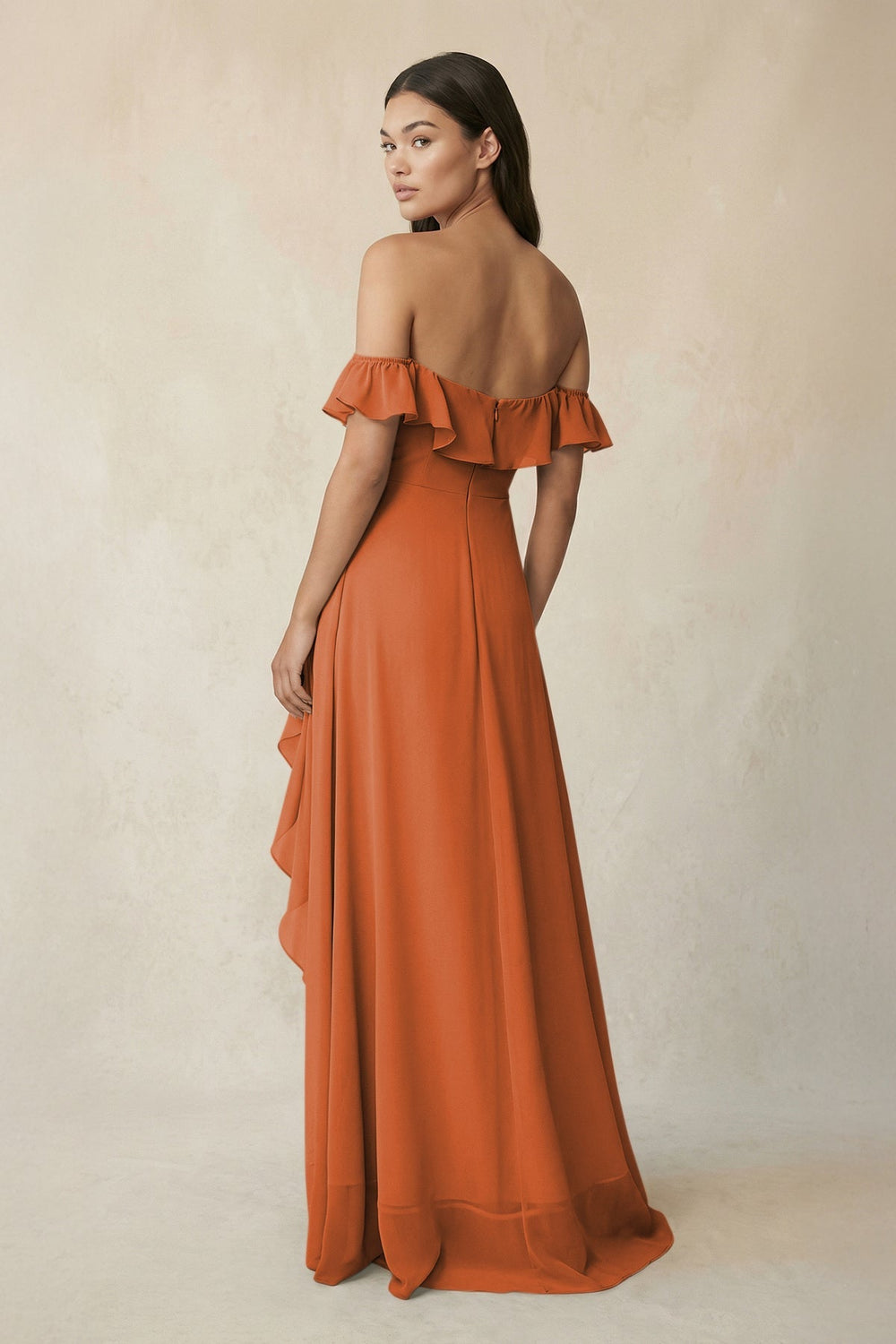 Ruffled Off-the-Shoulder A-Line Chiffon Bridesmaid Dress in Terracotta - KISS BRIDAL BRIDESMAID DRESSES