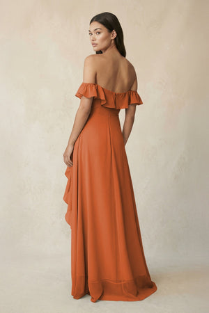 Ruffled Off-the-Shoulder A-Line Chiffon Bridesmaid Dress in Terracotta - SHE IS ME BRIDESMAID DRESSES