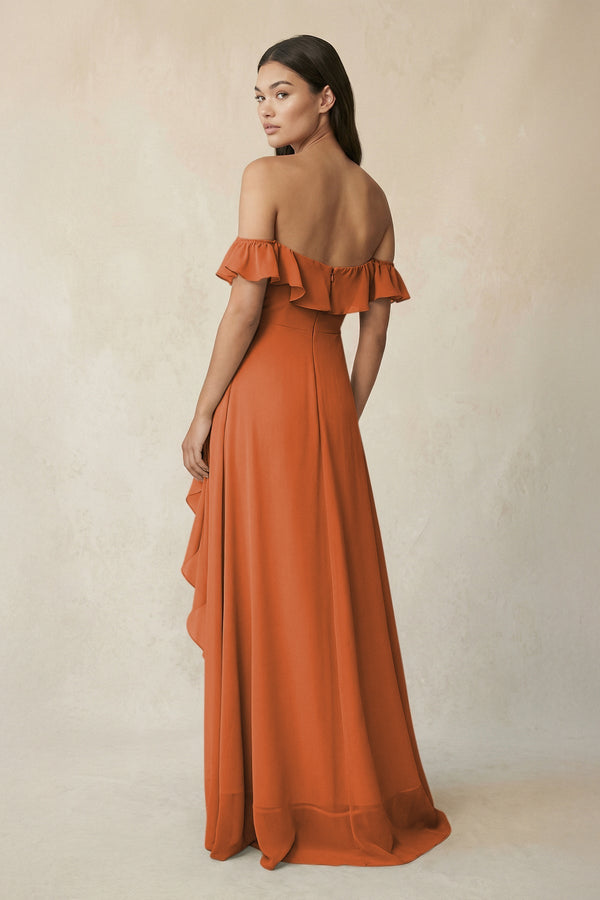 Ruffled Off-the-Shoulder A-Line Chiffon Bridesmaid Dress in Terracotta - SHE IS ME BRIDESMAID DRESSES