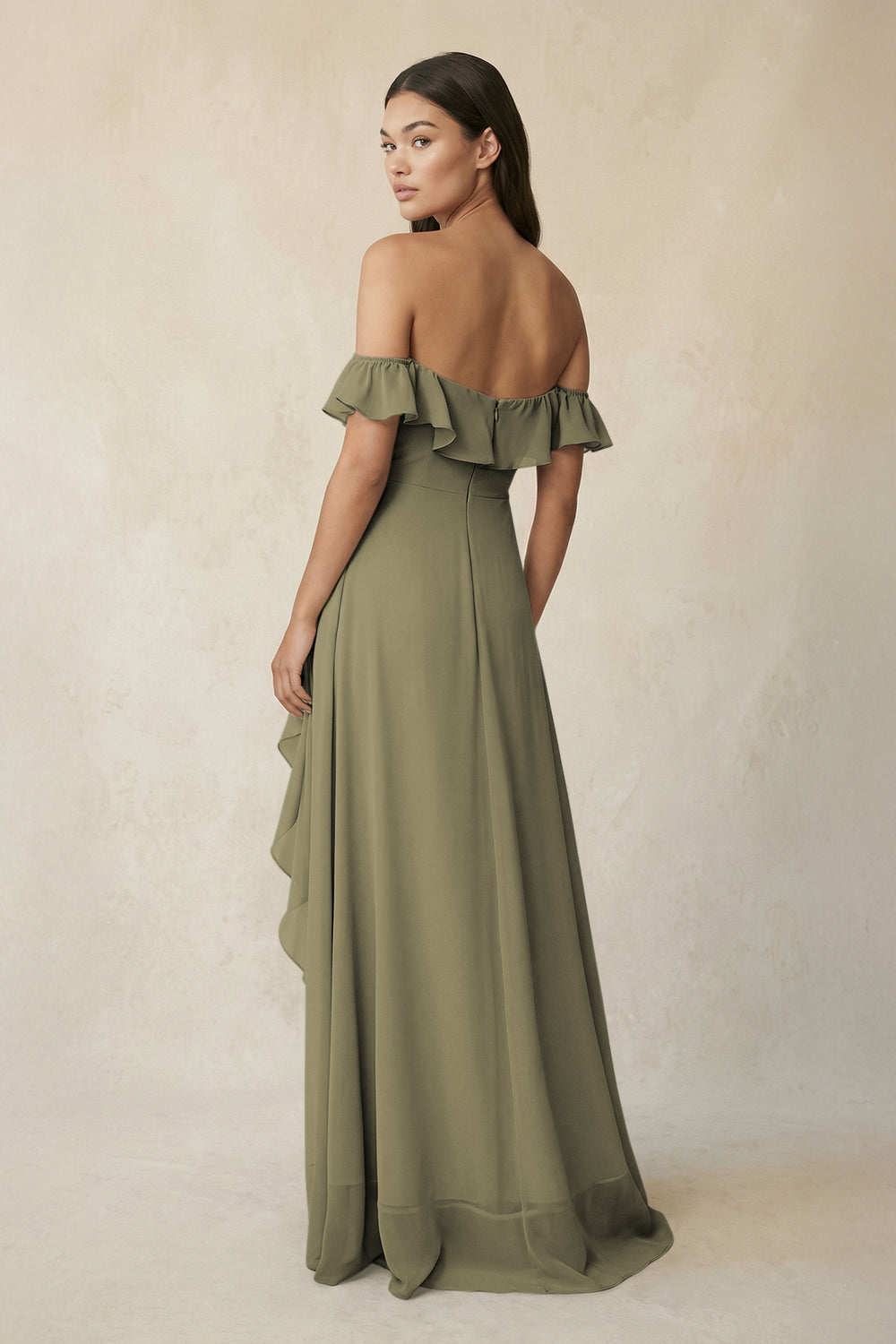 Ruffled Off-the-Shoulder A-Line Chiffon Bridesmaid Dress in Thyme
