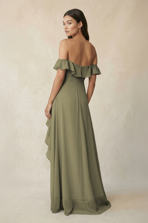 Ruffled Off-the-Shoulder A-Line Chiffon Bridesmaid Dress in Thyme (2) | KISSBRIDAL