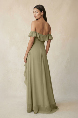 Ruffled Off-the-Shoulder A-Line Chiffon Bridesmaid Dress in Thyme - SHE IS ME BRIDESMAID DRESSES