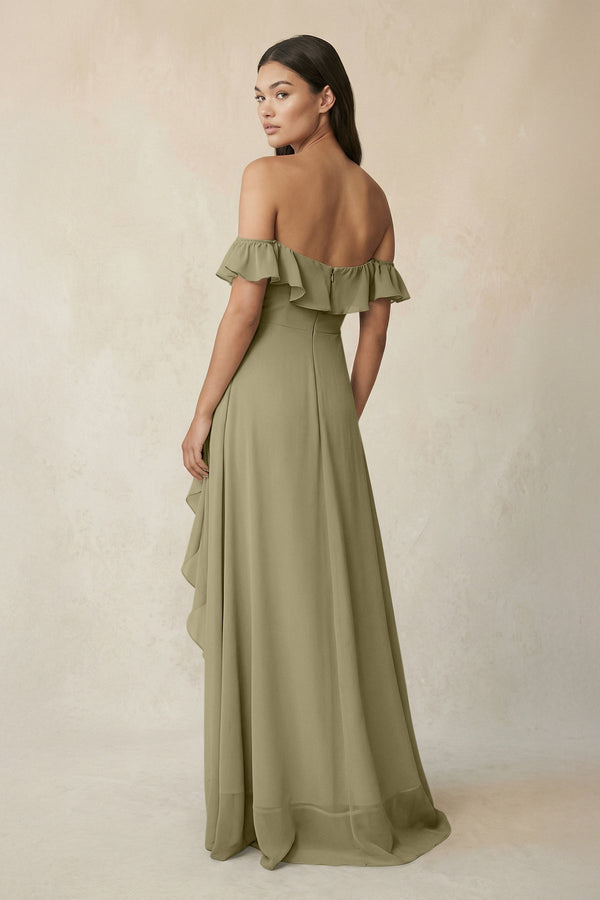 Ruffled Off-the-Shoulder A-Line Chiffon Bridesmaid Dress in Thyme - SHE IS ME BRIDESMAID DRESSES