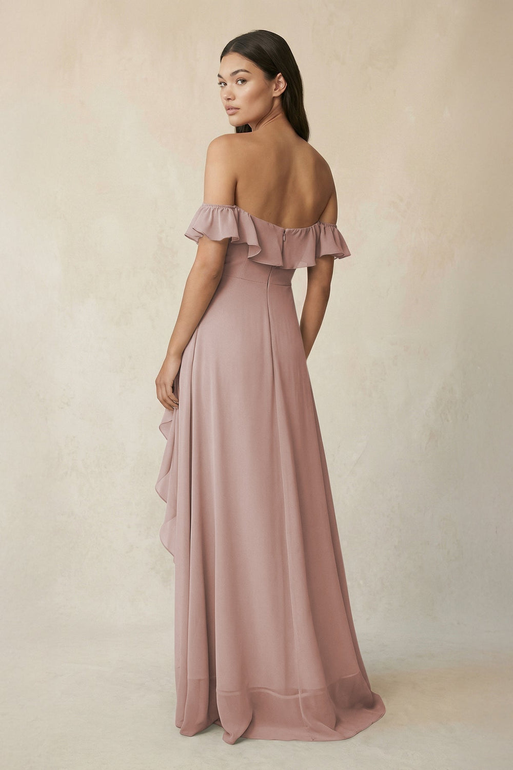 Ruffled Off-the-Shoulder A-Line Chiffon Bridesmaid Dress in Toffee - KISS BRIDAL BRIDESMAID DRESSES