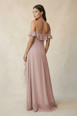 Ruffled Off-the-Shoulder A-Line Chiffon Bridesmaid Dress in Toffee (2) | KISSBRIDAL
