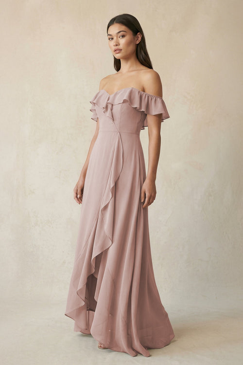 Ruffled Off-the-Shoulder A-Line Chiffon Bridesmaid Dress in Toffee - SHE IS ME BRIDESMAID DRESSES