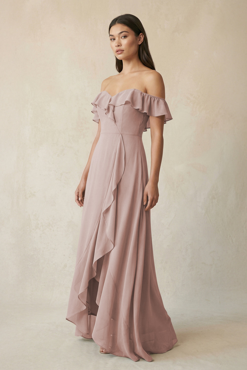 Ruffled Off-the-Shoulder A-Line Chiffon Bridesmaid Dress in Toffee