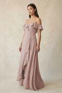 Ruffled Off-the-Shoulder A-Line Chiffon Bridesmaid Dress in Toffee | KISSBRIDAL