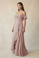 Ruffled Off-the-Shoulder A-Line Chiffon Bridesmaid Dress in Toffee | KISSBRIDAL