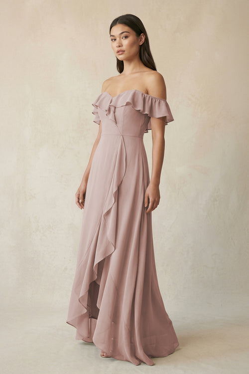 Ruffled Off-the-Shoulder A-Line Chiffon Bridesmaid Dress in Toffee | KISSBRIDAL