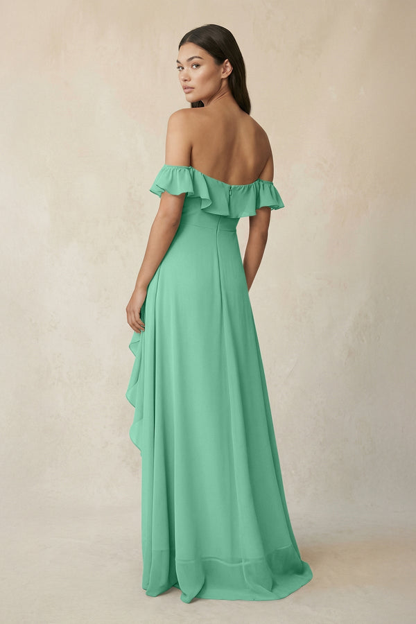 Ruffled Off-the-Shoulder A-Line Chiffon Bridesmaid Dress in Turquoise - SHE IS ME BRIDESMAID DRESSES