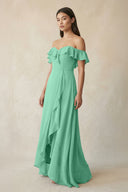 Ruffled Off-the-Shoulder A-Line Chiffon Bridesmaid Dress in Turquoise - SHE IS ME BRIDESMAID DRESSES