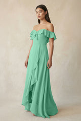 Ruffled Off-the-Shoulder A-Line Chiffon Bridesmaid Dress in Turquoise - KISS BRIDAL BRIDESMAID DRESSES