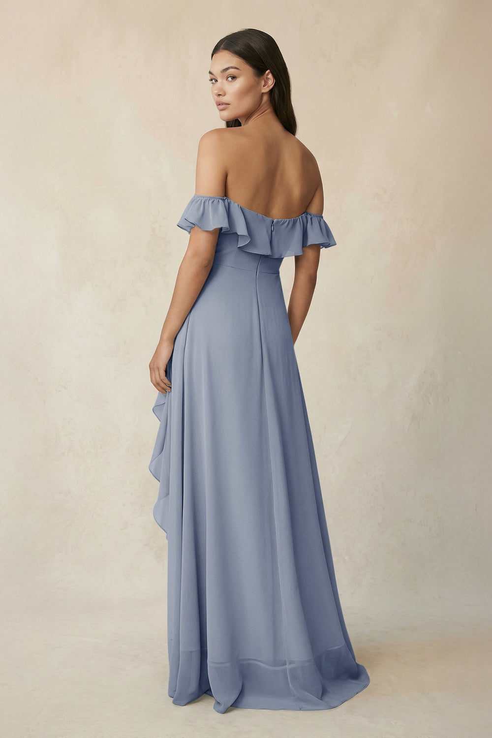 Ruffled Off-the-Shoulder A-Line Chiffon Bridesmaid Dress in Twilight - KISS BRIDAL BRIDESMAID DRESSES
