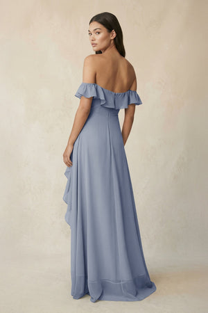 Ruffled Off-the-Shoulder A-Line Chiffon Bridesmaid Dress in Twilight - SHE IS ME BRIDESMAID DRESSES