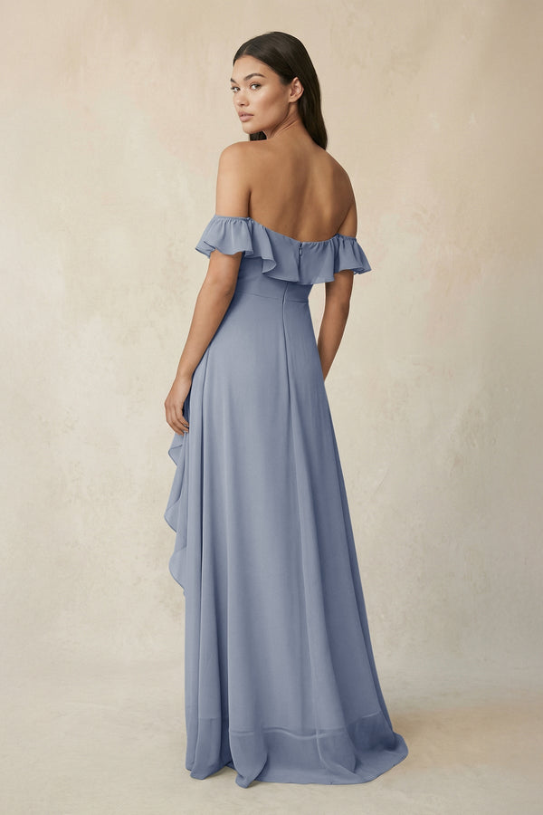 Ruffled Off-the-Shoulder A-Line Chiffon Bridesmaid Dress in Twilight - SHE IS ME BRIDESMAID DRESSES