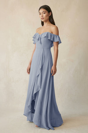 Ruffled Off-the-Shoulder A-Line Chiffon Bridesmaid Dress in Twilight - SHE IS ME BRIDESMAID DRESSES