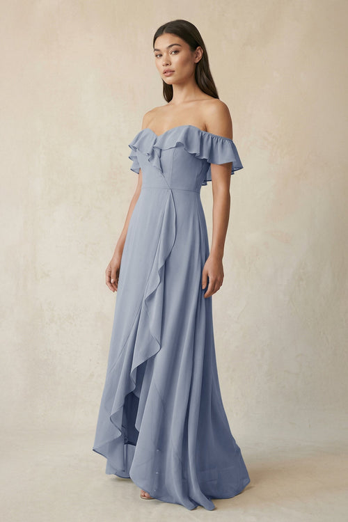 Ruffled Off-the-Shoulder A-Line Chiffon Bridesmaid Dress in Twilight - SHE IS ME BRIDESMAID DRESSES