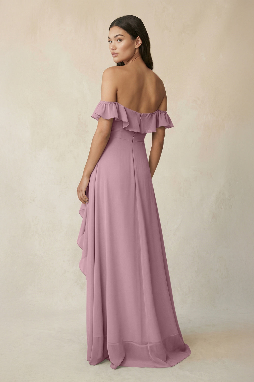 Ruffled Off-the-Shoulder A-Line Chiffon Bridesmaid Dress in Vintage Mauve