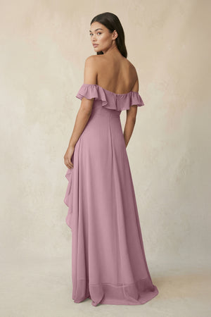 Ruffled Off-the-Shoulder A-Line Chiffon Bridesmaid Dress in Vintage Mauve (2) | KISSBRIDAL