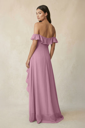 Ruffled Off-the-Shoulder A-Line Chiffon Bridesmaid Dress in Vintage Mauve - SHE IS ME BRIDESMAID DRESSES