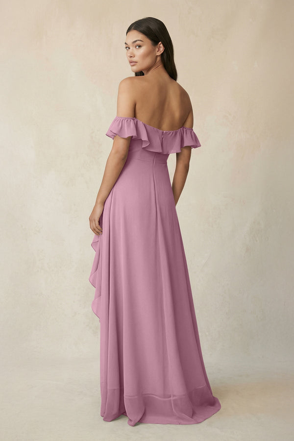 Ruffled Off-the-Shoulder A-Line Chiffon Bridesmaid Dress in Vintage Mauve - SHE IS ME BRIDESMAID DRESSES