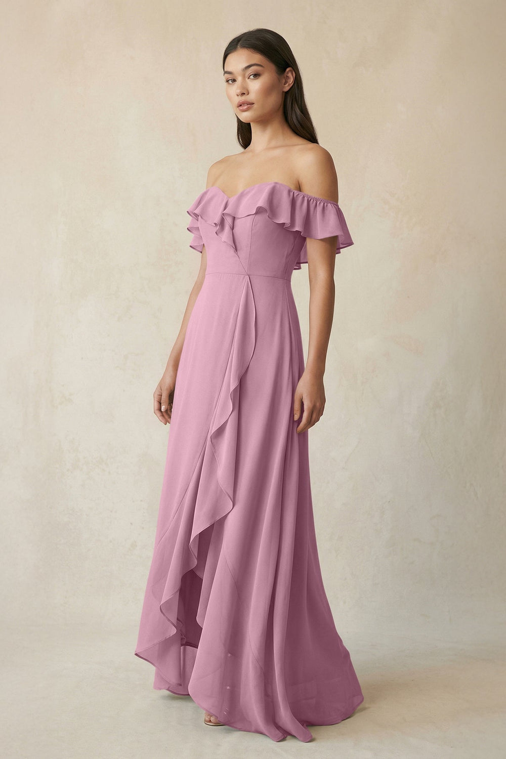 Ruffled Off-the-Shoulder A-Line Chiffon Bridesmaid Dress in Vintage Mauve - KISS BRIDAL BRIDESMAID DRESSES
