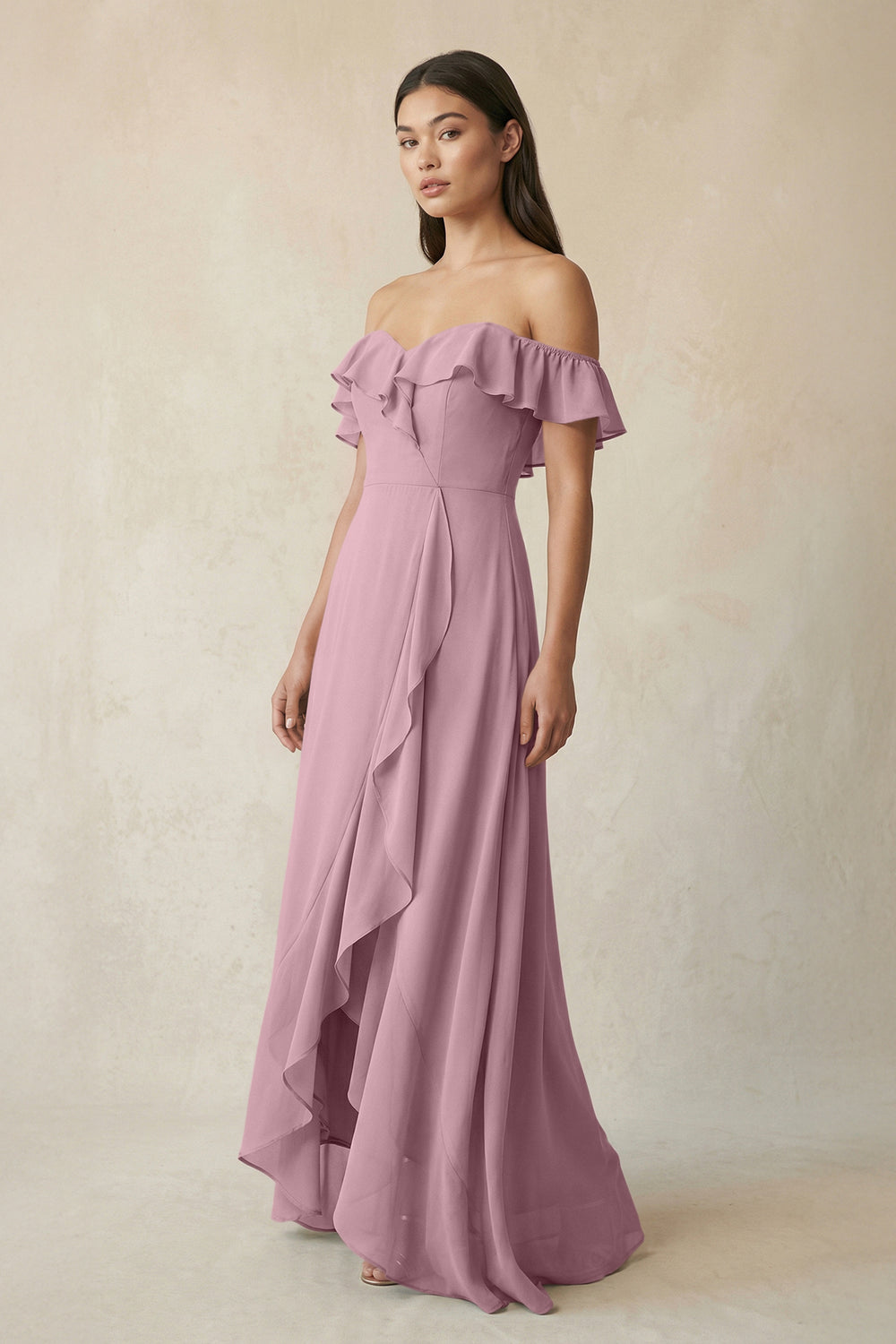 Ruffled Off-the-Shoulder A-Line Chiffon Bridesmaid Dress in Vintage Mauve