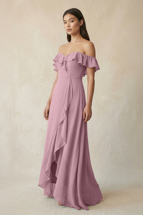 Ruffled Off-the-Shoulder A-Line Chiffon Bridesmaid Dress in Vintage Mauve | KISSBRIDAL