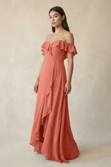 Ruffled Off-the-Shoulder A-Line Chiffon Bridesmaid Dress in Wild Rose - KISS BRIDAL BRIDESMAID DRESSES
