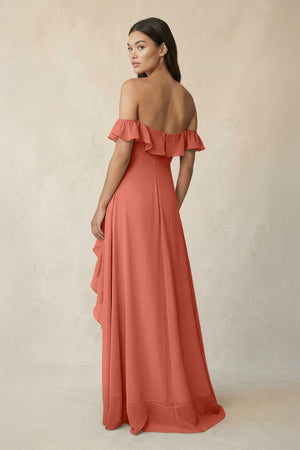 Ruffled Off-the-Shoulder A-Line Chiffon Bridesmaid Dress in Wild Rose - SHE IS ME BRIDESMAID DRESSES