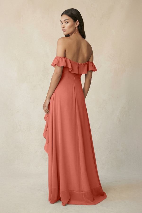 Ruffled Off-the-Shoulder A-Line Chiffon Bridesmaid Dress in Wild Rose - SHE IS ME BRIDESMAID DRESSES