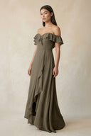 Ruffled Off-the-Shoulder A-Line Chiffon Bridesmaid Dress in Willow Green - SHE IS ME BRIDESMAID DRESSES