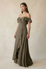 Ruffled Off-the-Shoulder A-Line Chiffon Bridesmaid Dress in Willow Green - KISS BRIDAL BRIDESMAID DRESSES