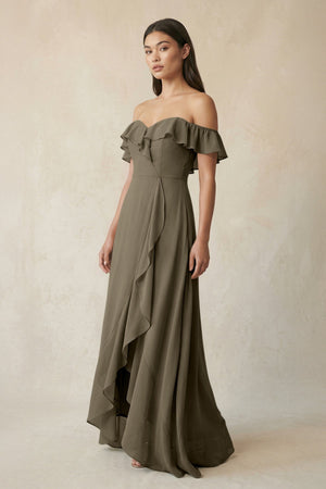 Ruffled Off-the-Shoulder A-Line Chiffon Bridesmaid Dress in Willow Green - SHE IS ME BRIDESMAID DRESSES