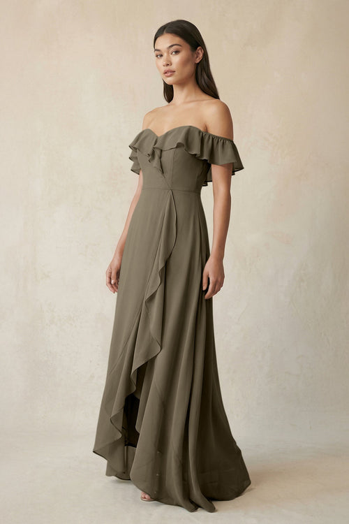 Ruffled Off-the-Shoulder A-Line Chiffon Bridesmaid Dress in Willow Green - SHE IS ME BRIDESMAID DRESSES