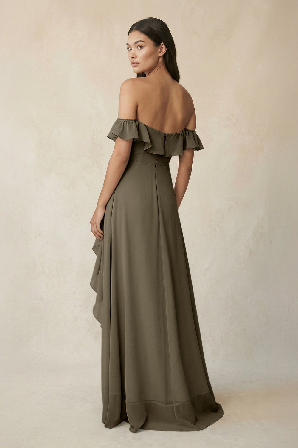 Ruffled Off-the-Shoulder A-Line Chiffon Bridesmaid Dress in Willow Green - KISS BRIDAL BRIDESMAID DRESSES