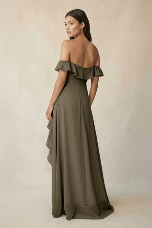 Ruffled Off-the-Shoulder A-Line Chiffon Bridesmaid Dress in Willow Green - SHE IS ME BRIDESMAID DRESSES