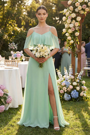 Ruffled Off - the - Shoulder A - Line Chiffon Bridesmaid Gown - SHE IS ME Bridesmaid Dresses