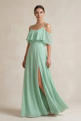 Ruffled Off - the - Shoulder A - Line Chiffon Bridesmaid Gown - KISS BRIDAL Bridesmaid Dresses