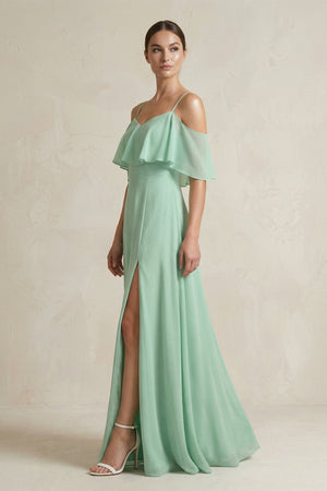 Ruffled Off - the - Shoulder A - Line Chiffon Bridesmaid Gown - SHE IS ME Bridesmaid Dresses