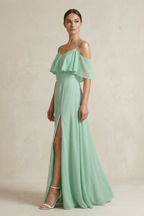 Ruffled Off - the - Shoulder A - Line Chiffon Bridesmaid Gown - SHE IS ME Bridesmaid Dresses
