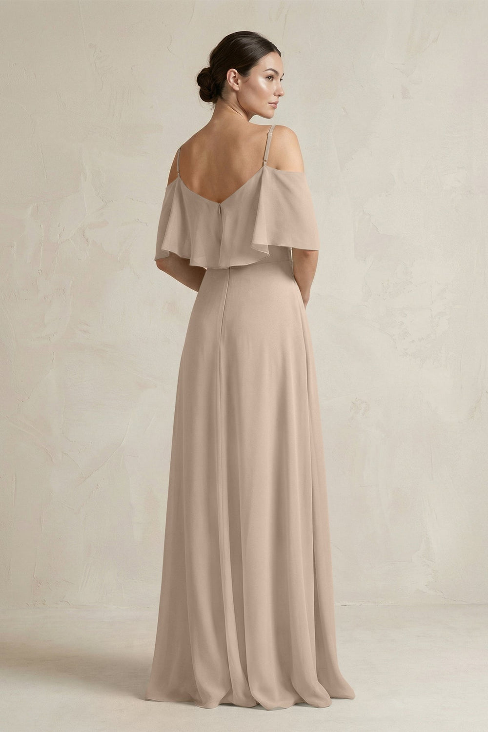 Ruffled Off - the - Shoulder A - Line Chiffon Bridesmaid Gown in Almond - KISS BRIDAL Bridesmaid Dresses