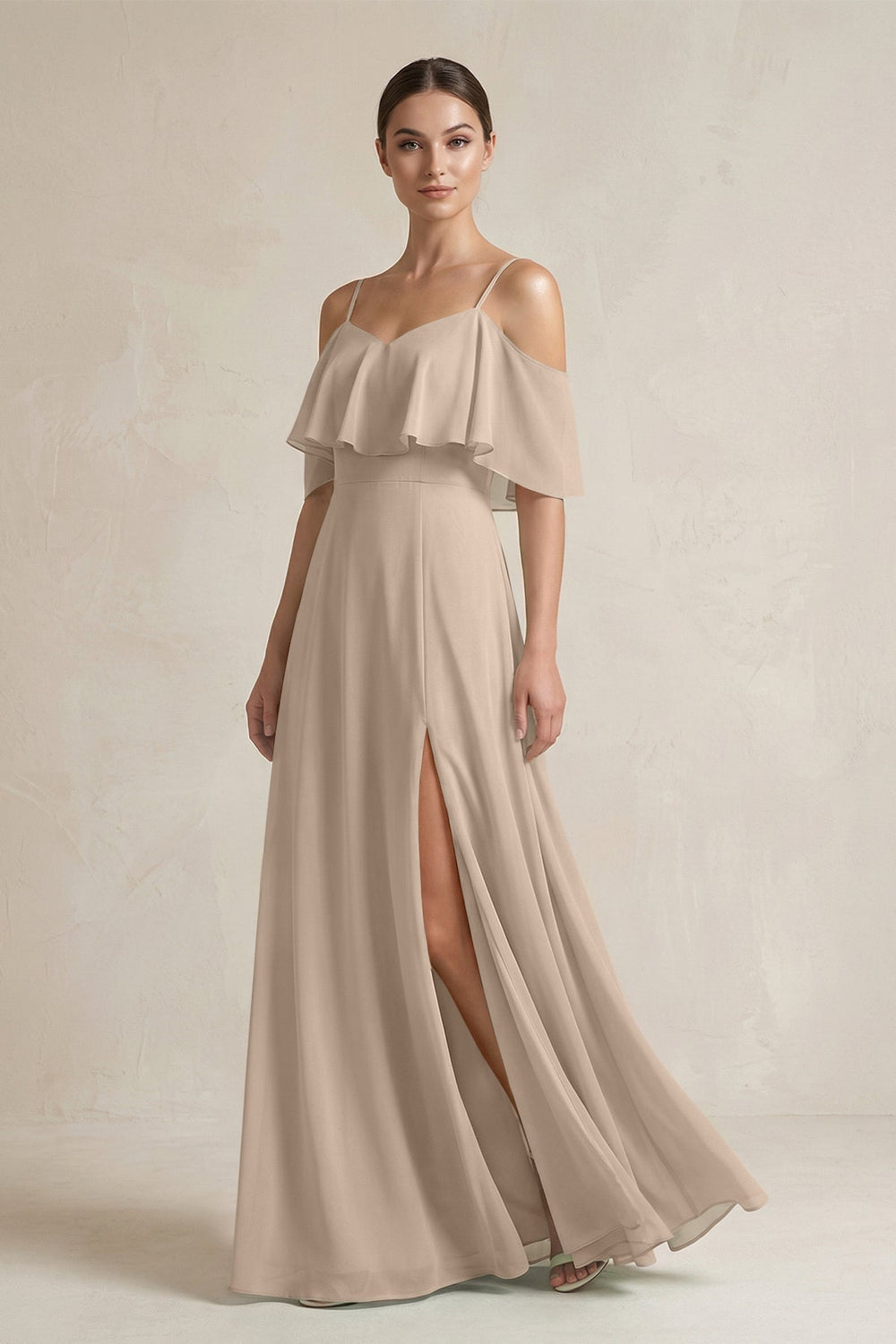 Ruffled Off - the - Shoulder A - Line Chiffon Bridesmaid Gown in Almond - KISS BRIDAL Bridesmaid Dresses