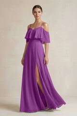 Ruffled Off - the - Shoulder A - Line Chiffon Bridesmaid Gown in Amethyst - KISS BRIDAL Bridesmaid Dresses