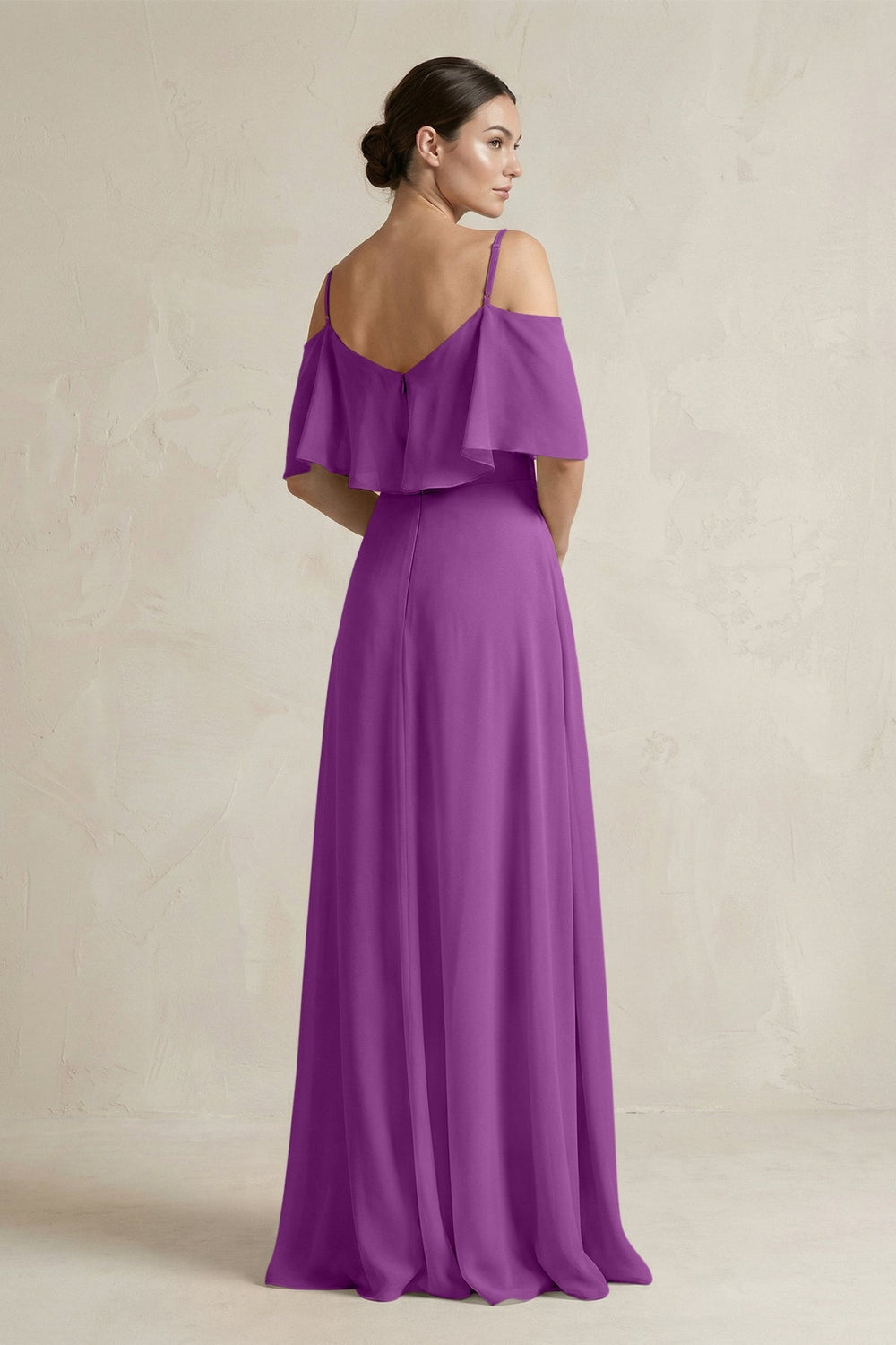 Ruffled Off - the - Shoulder A - Line Chiffon Bridesmaid Gown in Amethyst - KISS BRIDAL Bridesmaid Dresses