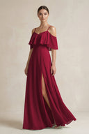 Ruffled Off - the - Shoulder A - Line Chiffon Bridesmaid Gown in Berry - KISS BRIDAL Bridesmaid Dresses
